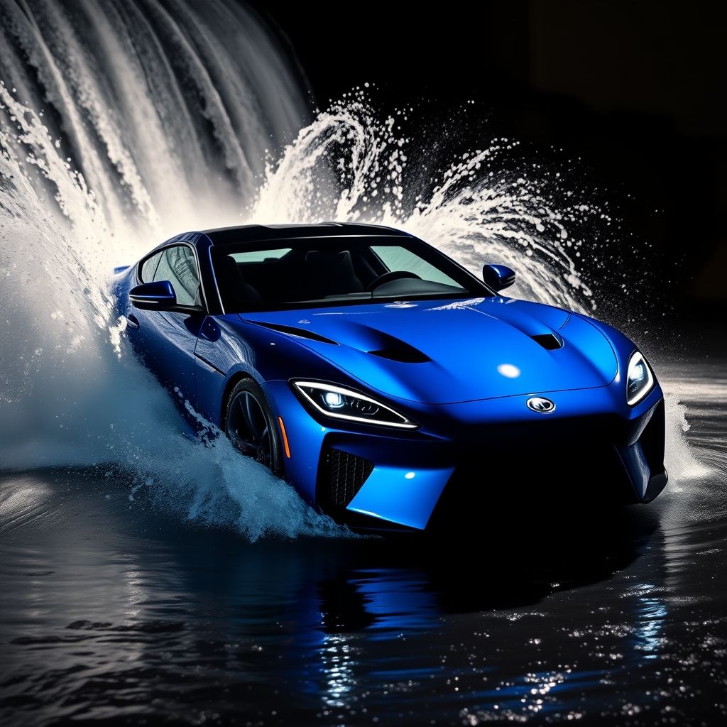 Une voiture de sport bleue traverse une cascade d'eau, créant de splendides éclaboussures contrastant avec un arrière-plan sombre. Sa carrosserie brillante reflète des nuances vives et la lumière, mettant en valeur ses lignes aérodynamiques et sa finition laquée. Des faisceaux lumineux accentuent le mouvement dynamique de l'eau qui ruisselle sur la voiture. L'ambiance nocturne évoque vitesse et adrénaline, soulignant le luxe et la puissance du véhicule.