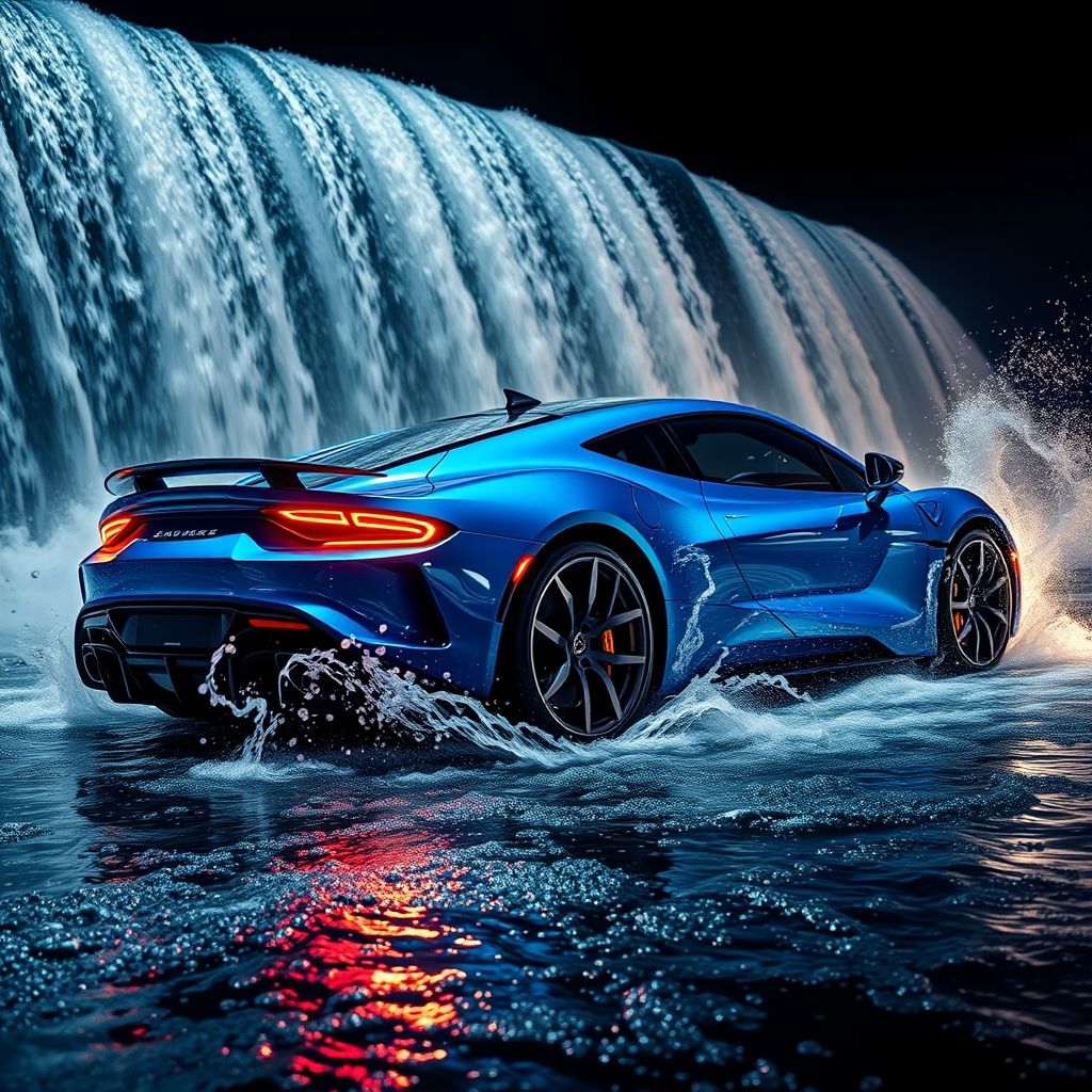 Une voiture de sport bleue traverse une cascade d'eau, créant de splendides éclaboussures contrastant avec un arrière-plan sombre. Sa carrosserie brillante reflète des nuances vives et la lumière, mettant en valeur ses lignes aérodynamiques et sa finition laquée. Des faisceaux lumineux accentuent le mouvement dynamique de l'eau qui ruisselle sur la voiture. L'ambiance nocturne évoque vitesse et adrénaline, soulignant le luxe et la puissance du véhicule.