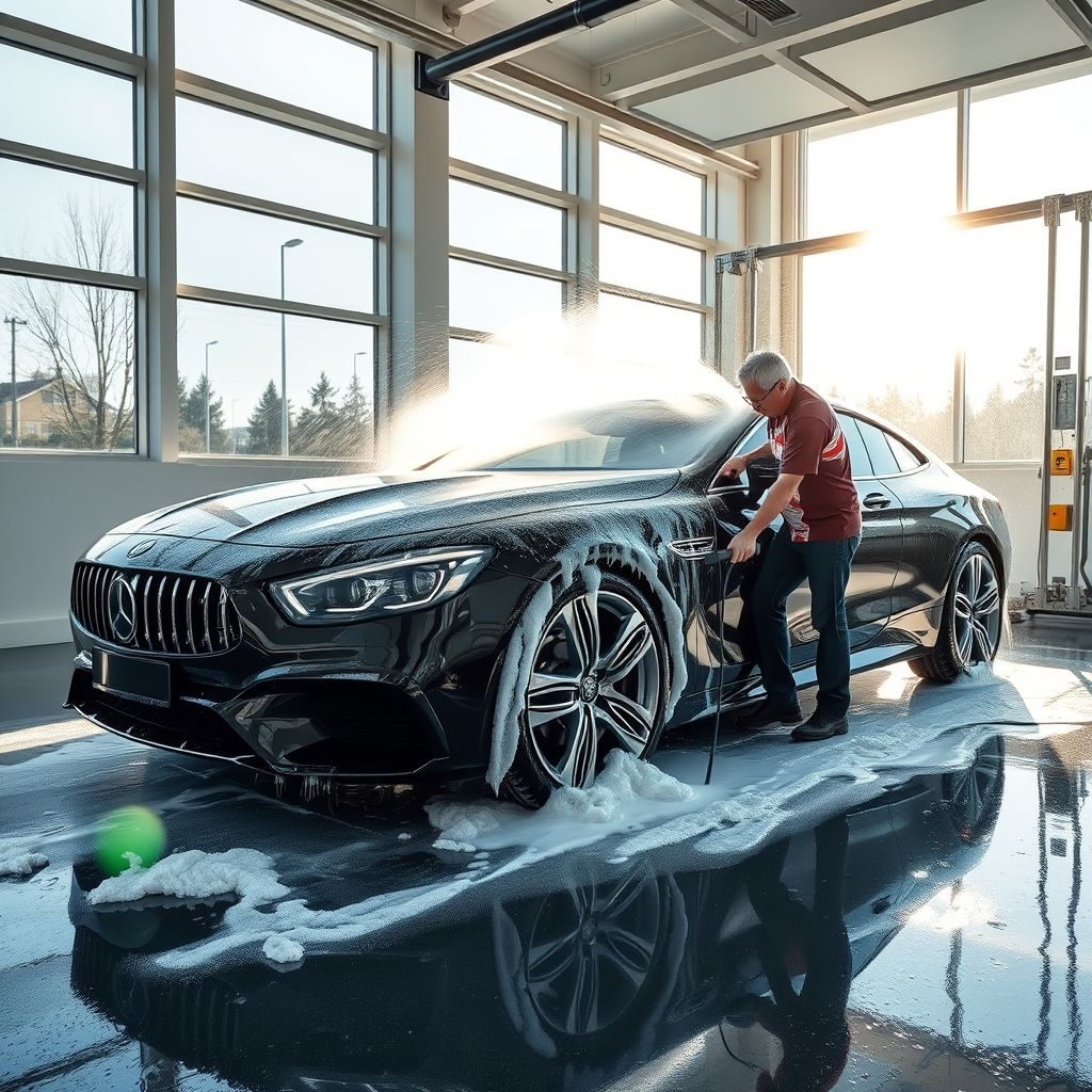 Une personne nettoie activement une voiture noire dans une station automatique, utilisant un jet haute pression qui envoie un flot d'eau savonneuse sur la carrosserie. La voiture, partiellement couverte de mousse, présente des jantes chromées brillantes contrastant avec la peinture sombre. De grandes fenêtres laissent entrer une lumière naturelle qui illumine la scène, créant une atmosphère fraîche et dynamique.