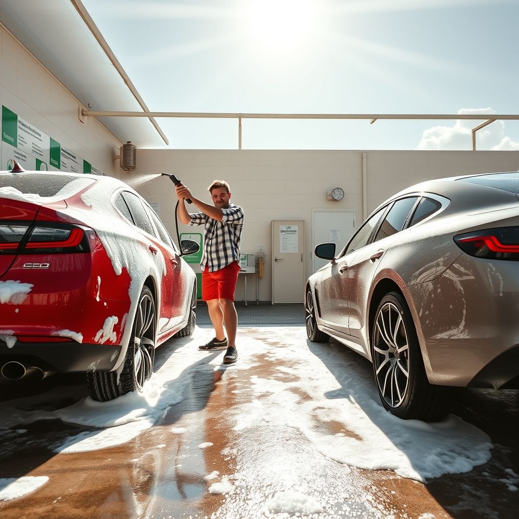 Sous un ciel lumineux, un homme lave activement deux voitures dans une station de lavage en libre-service, leurs surfaces couvertes d’une épaisse mousse. L’homme, vêtu d’une chemise à carreaux et d’un short rouge, tient fermement une lance à haute pression dirigée vers l’une des voitures, tandis que l’autre, un modèle élégant, est déjà savonnée et brillante. L’espace de lavage est bien organisé, avec des instructions affichées sur le mur, et une ambiance verte et blanche qui donne un sentiment de propreté et de fraîcheur. L’allée est humide et savonneuse, capturant l’atmosphère dynamique et enjouée du moment, sous une lumière chaleureuse du soleil.