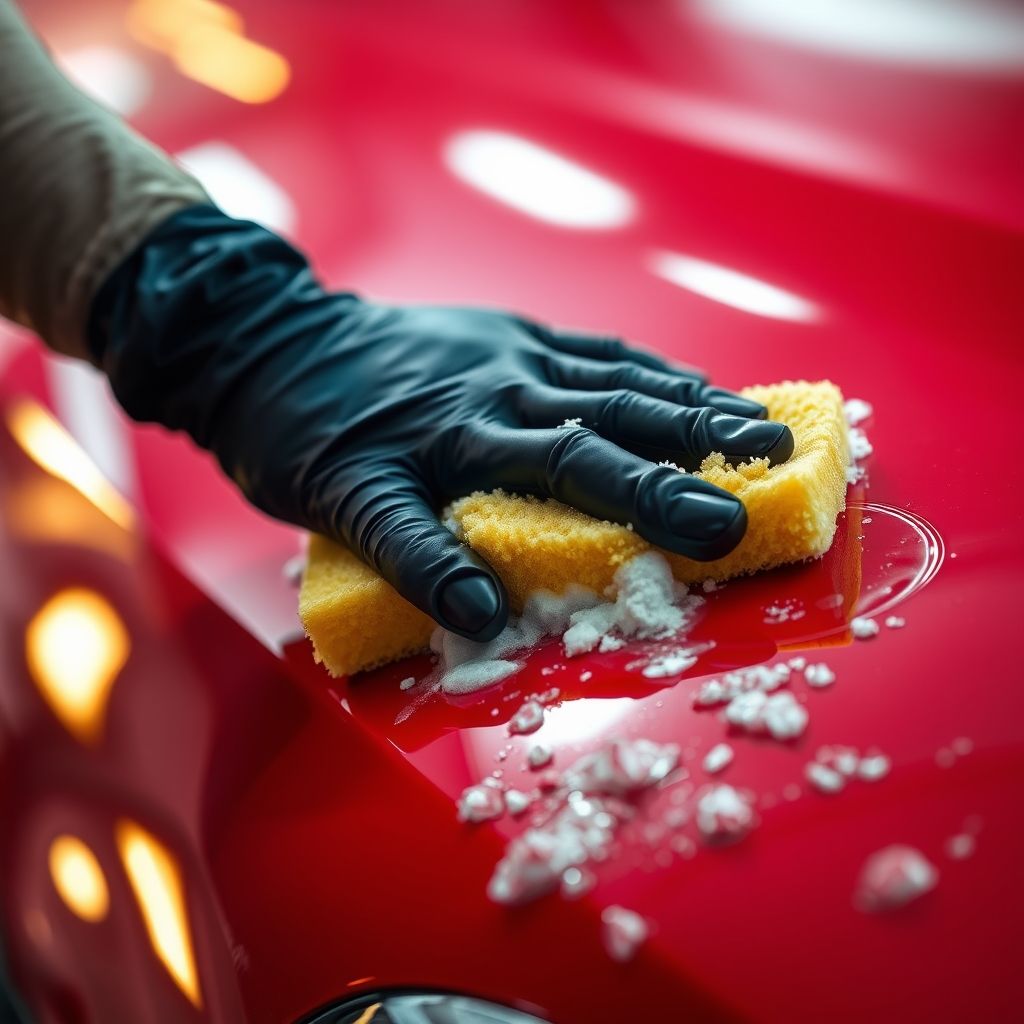 Une main gantée en noir frotte délicatement la surface rouge vif d'une voiture avec une éponge jaune, générant une mousse abondante. La scène éclairée suggère un lavage intérieur ou detailing dans un espace propre avec des reflets lumineux sur la carrosserie. La composition met en valeur le soin apporté à la voiture, transmettant un sentiment de fierté et de qualité.