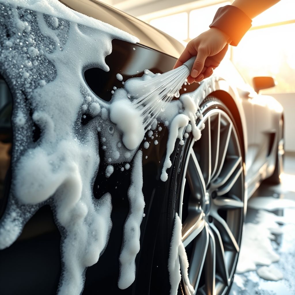 Une mousse savonneuse descend sur la surface noire d’un véhicule, tandis qu’une personne manucurée dirige un jet d’eau à haute pression sur une roue brillante. L’éclairage naturel filtre à travers de grandes fenêtres, créant une atmosphère propre et lumineuse. L’image souligne le soin apporté au nettoyage en mettant en valeur les gouttes d’eau et la fraîcheur du véhicule.