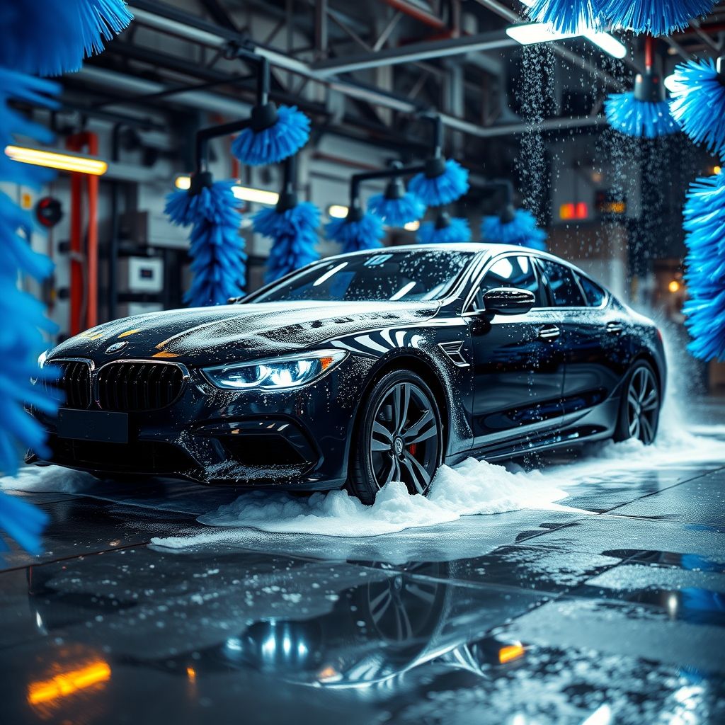 Une voiture noire élégante est partiellement recouverte d'eau et de mousse dans un tunnel de lavage, entourée de brosses bleues en action. L'éclairage ambiant met en valeur les gouttes tombant sur sa surface, créant un effet scintillant. En arrière-plan, les machines floues soulignent la nature automatisée du lavage. La scène exprime dynamisme et propreté, illustrant la transformation du véhicule.