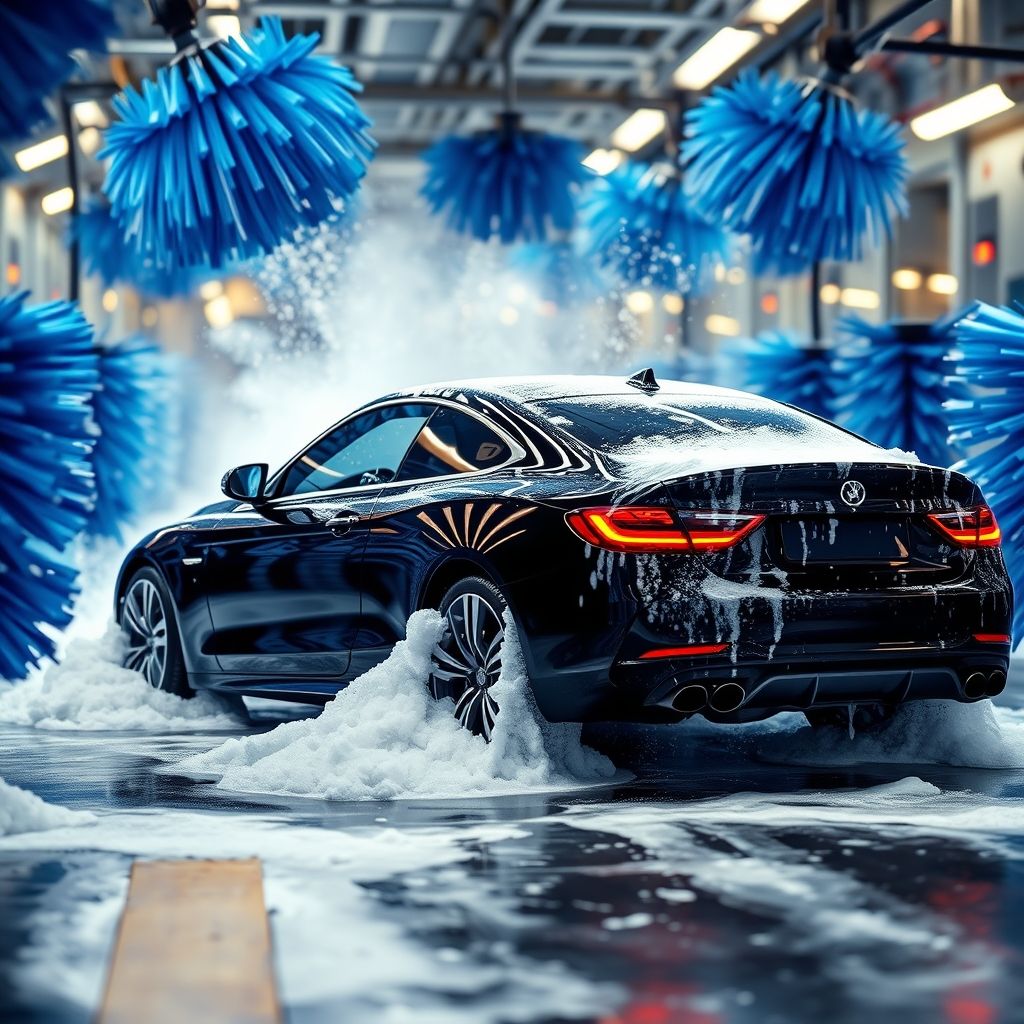 Une voiture noire élégante est partiellement recouverte de mousse et d'eau dans un tunnel de lavage, entourée de brosses bleues vibrantes en mouvement. L’éclairage ambiant met en valeur les gouttes d’eau et la propreté du véhicule. L’arrière-plan flou souligne la nature automatisée du processus de lavage, créant une atmosphère énergique et rafraîchissante.
