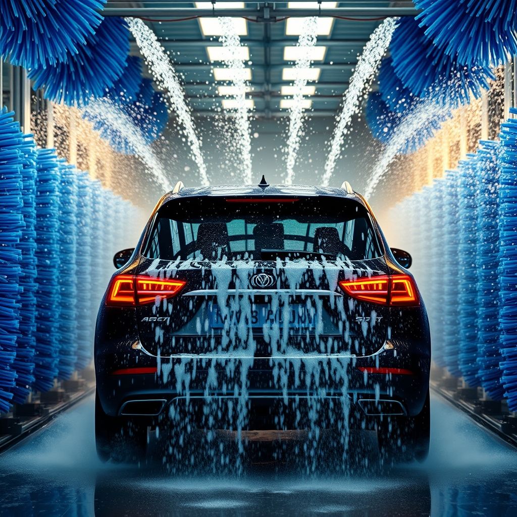 Un SUV élégant de couleur sombre est capturé en pleine séance de lavage dans un tunnel équipé de brosses bleues dynamiques. Des jets d'eau savonneuse tombent sur l’arrière, formant un voile de bulles scintillantes sous un éclairage vif. La scène dégage énergie et fraîcheur, illustrant la puissance et la douceur du lavage professionnel.